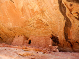 1200 year old Anasazi ruins tucked under a overhanging cliff in the Bears Ears wilderness area of...