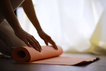 Beautiful athletic girl doing yoga exercises enjoy meditation at home. No stress, healthy habit, anxiety relief concept. Lotus pose.