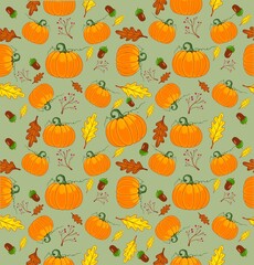 Seamless texture autumn harvest with pumpkins, acorns, autumn leaves, berries, hand drawn, vector, pattern