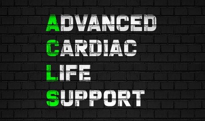 Advanced cardiac life support  (ACLS) concept,healthcare abbreviations on black wall - obrazy, fototapety, plakaty