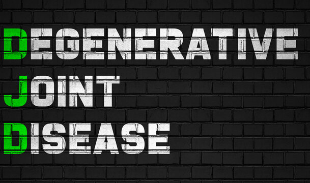 Degenerative joint disease(DJD) concept,healthcare abbreviations on black wall