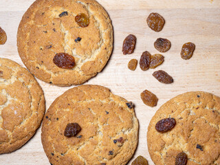 Oatmeal cookies . Cookies with raisins on the table. Raisins on the table. Sweet treat.  food for breakfast