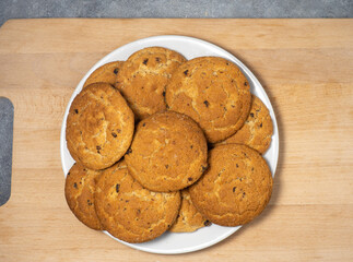 Oat cookies. Cookies with raisins on the table. Sweet treat. Healthy diet.