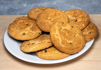 Oat cookies. Cookies with raisins on the table. Sweet treat. Healthy diet.