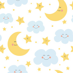 Seamless childish pattern with cute moon, clouds and stars. Lovely texture for baby. Vector illustration.