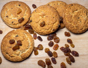 Oatmeal cookies. Cookies with raisins on the table. Raisins on the table. Sweet treat. Healthy diet.