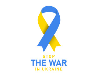 Ukrainian flag ribbon With the text stop war in the Ukrainian inscription with the symbol in blue-yellow national colors on a white background. vector illustration