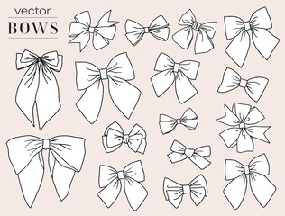 Collection of hand drawn isolated bows. Doodled, vector decorative cad ribbon bundle. 