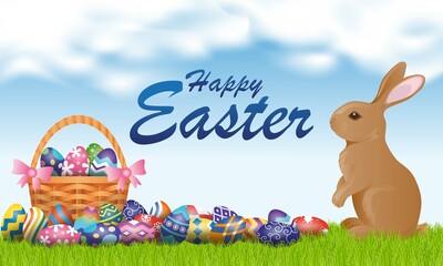 illustration of easter day with sky background combined with basket, bunny and easter eggs with various colors