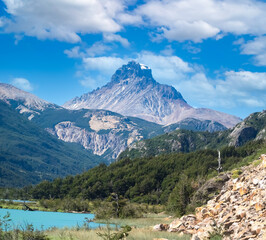 View of the Cerro Castillo from the carretera Austral (Southern Way), Chile's Route 7, Chile. It runs through forests, fjords, glaciers, canals and steep mountains in rural Patagonia