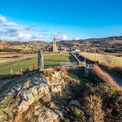 Aerial view of standing stone in Glencolumbkille in County Donegal, Republic of Irleand