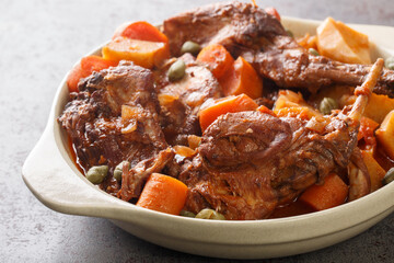 Fenkata dish of national Maltese cuisine cooked from rabbit meat with vegetables and gravy close-up in a saucepan. horizontal
