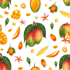 Seamless pattern with mango watercolor illustrations