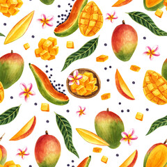 Seamless pattern with mango watercolor illustrations