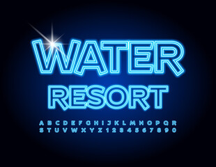 Vector glowing banner Water Resort with Blue Neon Alphabet Letters and Numbers set. Bright light Font