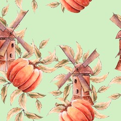 Fototapeta premium Background with leaves, pumpkin, mill. Autumn plot for decorating a holiday, a party. Seamless pattern for printing on fabric, paper, ceramics, plastic. Handmade watercolor windmill, pumpkin, branch