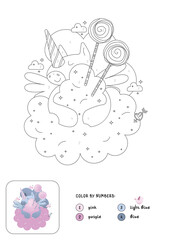 Cute coloring page for kids. Kind vector coloring by numbers with unicorn, clouds and sweets. Isolated.