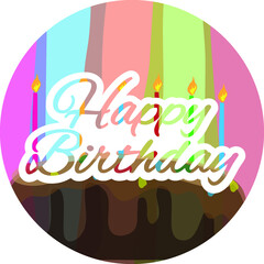 Poster for the birthday greetings. Cake, blue, green, pink background