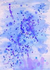 Water drops on a white. Abstract watercolor background. Blue spots, drops, splashes. Ink stains. Flickering. Space under water.