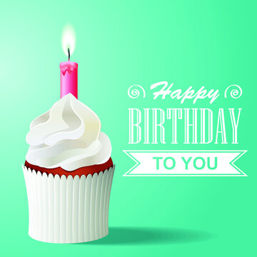 Delicious birthday cupcake on light blue background
