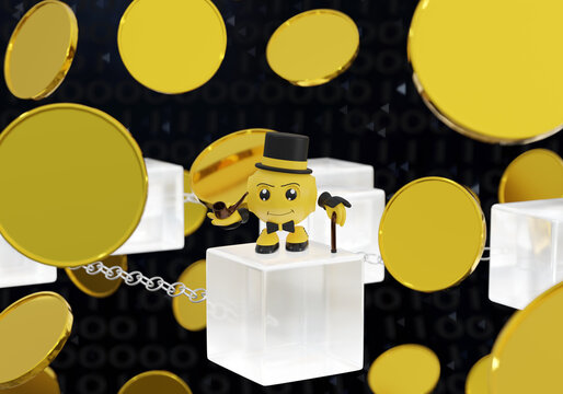 Lustiger 3d Charakter, symbolisch für reichen Mann, steht auf einer  Blockchain und um ihn herum fliegen goldene Münzen. 3d rendering