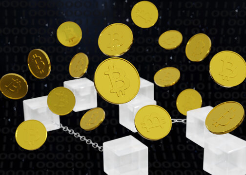 Krypto Münzen in Nahaufnahme mit symbolischer Blockchain und Binärcode im Hintergrund. 3d rendering