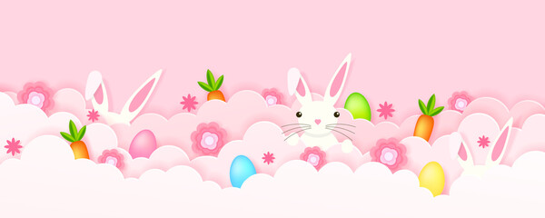 Illustration on the theme of Easter - rabbit, eggs, clouds, paper cut style