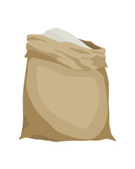 Burlap farmer bag for flour, rice or salt. Farm production in brown textile bale, opened with product inside. Cartoon vector icon isolated on white background