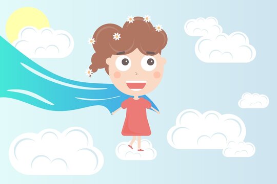 A little girl in a red dress and with daisies in her hair is jumping through the clouds, waving a green veil. Children's fantasy. Vector illustration.