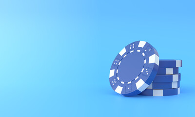 Blue poker chips on a blue background with copy space. Creative minimal sport and gambling concept. Casino concept. 3d rendering 3d illustration
