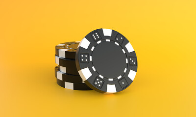 Black poker chips on a yellow background with copy space. Creative minimal sport and gambling concept. Casino concept. 3d rendering 3d illustration