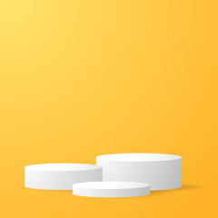 Round white stage podium on yellow color background, use for background and product display. Banner for advertise product.