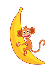 Children toy monkey on banana. Kid development and entertainment isolated on white background. Kindergarten tools for kid amusement and play. Bright colored vector icon