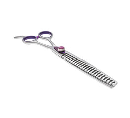 Scissors for cutting people and pets. Grooming scissors. Closed scissors on a white isolated background. Angle view.