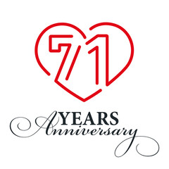 Fototapeta premium 71 years anniversary celebration number thirty bounded by a loving heart red modern love line design logo icon white background