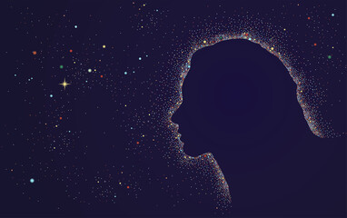 Silhouette of a girl's face in profile against the background of the starry space of the universe. Poster with dots in pointillism style. Dream design element. Meditation or mental health concept 