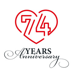 74 years anniversary celebration number thirty bounded by a loving heart red modern love line design logo icon white background