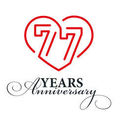 77 years anniversary celebration number thirty bounded by a loving heart red modern love line design logo icon white background