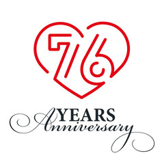 76 years anniversary celebration number thirty bounded by a loving heart red modern love line design logo icon white background - obrazy, fototapety, plakaty