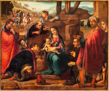 VALENCIA, SPAIN - FEBRUAR 14, 2022: The painting of Adoration of Magi on the main altar  in the Cathedral  by Fernando Yanez de la Almedina and  Hernando de los Llanos (1506 - 1510).