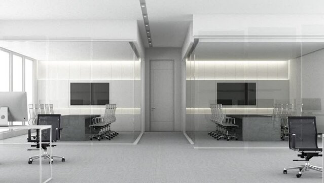 modern Contemporary spacious office room interior with city view and daylight. Workplace design concept with carpet floor and office furniture meeting room working area. 3D Rendering animation looped