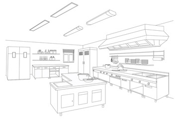 Scheme or plan of the device of a professional kitchen in a restaurant. The concept of lighting the room and the location of the sink, refrigerator. Business poster for bakery or canteen. Vector