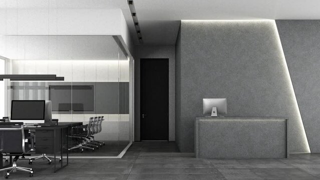 Front view of a gray marble reception desk with laptops standing on it in front of a modern office lighting wall. with wall design concrete and meeting room on gray tile floor. 3d rendering, animation