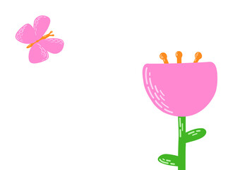 Spring flower background with place for your invitation, congratulation. Flat vector illustration with flower and butterflies in pink and green colors for cards