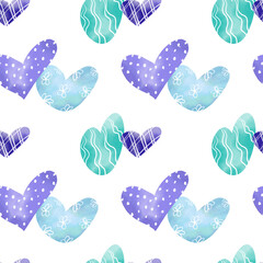 Seamless pattern with cute blue hearts on a white background for the design of postcards, fabrics, posters, design. Romantic illustration, love, hearts, Valentine's day.