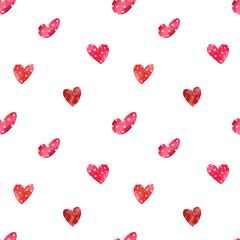 Seamless watercolor pattern with cute multicolored hearts for the design of postcards, fabrics, posters, design. Romantic illustration, love, hearts, valentine's day.
