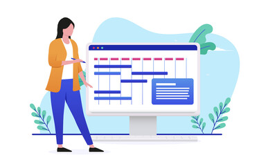 Project manager vector illustration - Female person working on managing projects on computer screen. Flat design vector illustration with white background