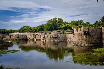 Fototapeta na wymiar Vellore Fort is a large 16th-century fort situated in heart of the Vellore city, in the state of Tamil Nadu, It was built by Vijayanagara kings. The fort is known for its grand ramparts. ASI site.