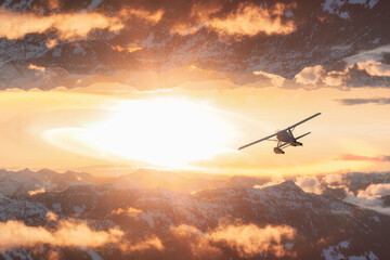 Fototapeta na wymiar Magical Fantasy Aerial Landscape with a mirrored Mountain World with Seaplane. 3d Rendering Airplane Flying. Adventure Composite. Nature Background Image from British Columbia, Canada. Sunset Sky