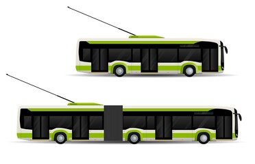 Set of urban green trolleybuses, side view. City public electric transport.
